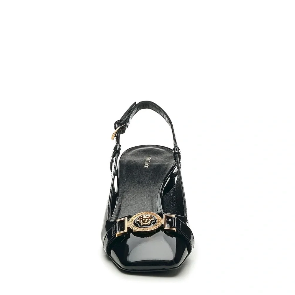 🆕 Versace Medusa Black Patent Vernis Leather Slingback Sleek Pump